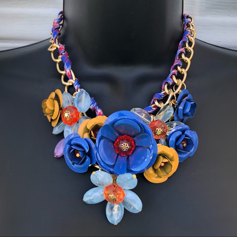 Blue Metal Flower Statement Neckace